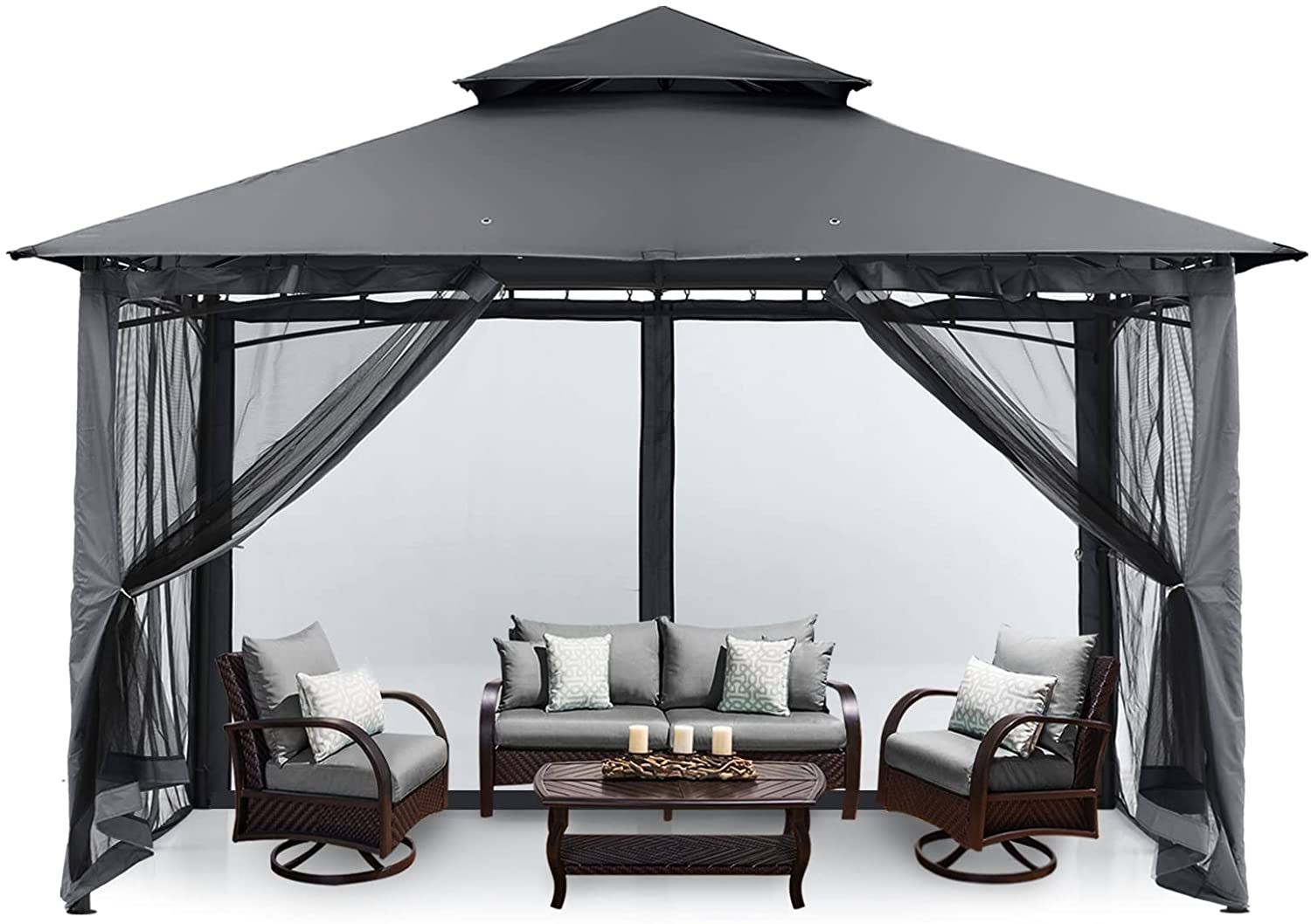 fa8e5b41104450bfe56571f528352e3dd0100914e21371f291bd01b6a3d3bbd9.jpg MASTERCANOPY Outdoor Garden Gazebo for Patios with Stable Steel Frame and Netting Walls (8X8,Dark Gray) - Image 1