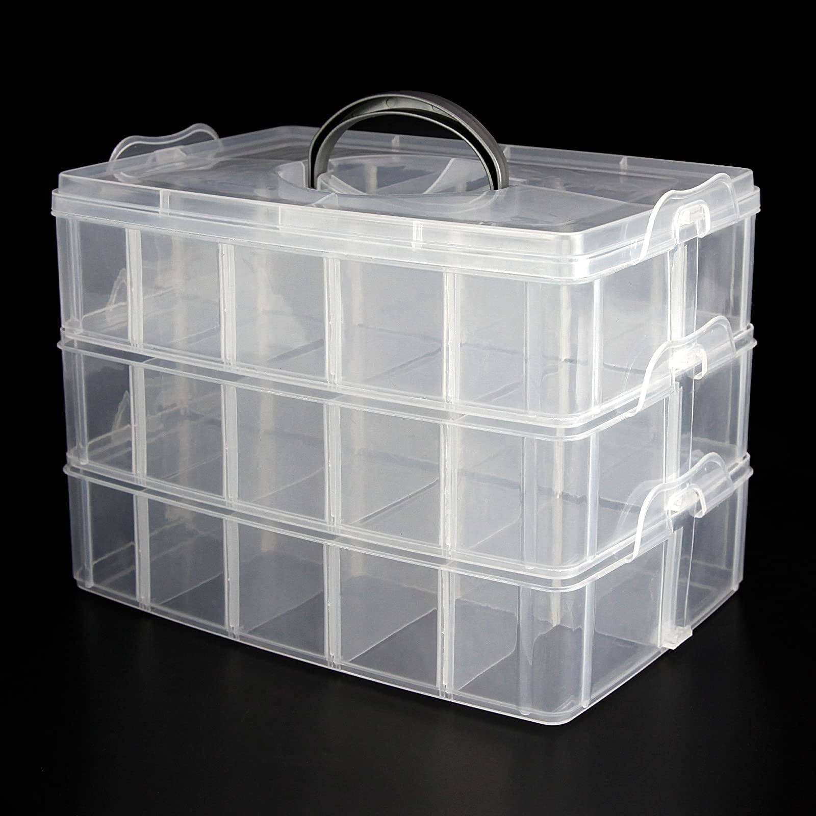 fabb1add1e4c194fbd004d2bb7a16849705b589117c70c15ef5e8a74dfb71243.jpg Guyuyii 3-Layer Stackable Craft Storage Containers - Plastic Craft Box Organizer with 30 Adjustable Compartments and Handle - Portable Beads Organizer - Image 1