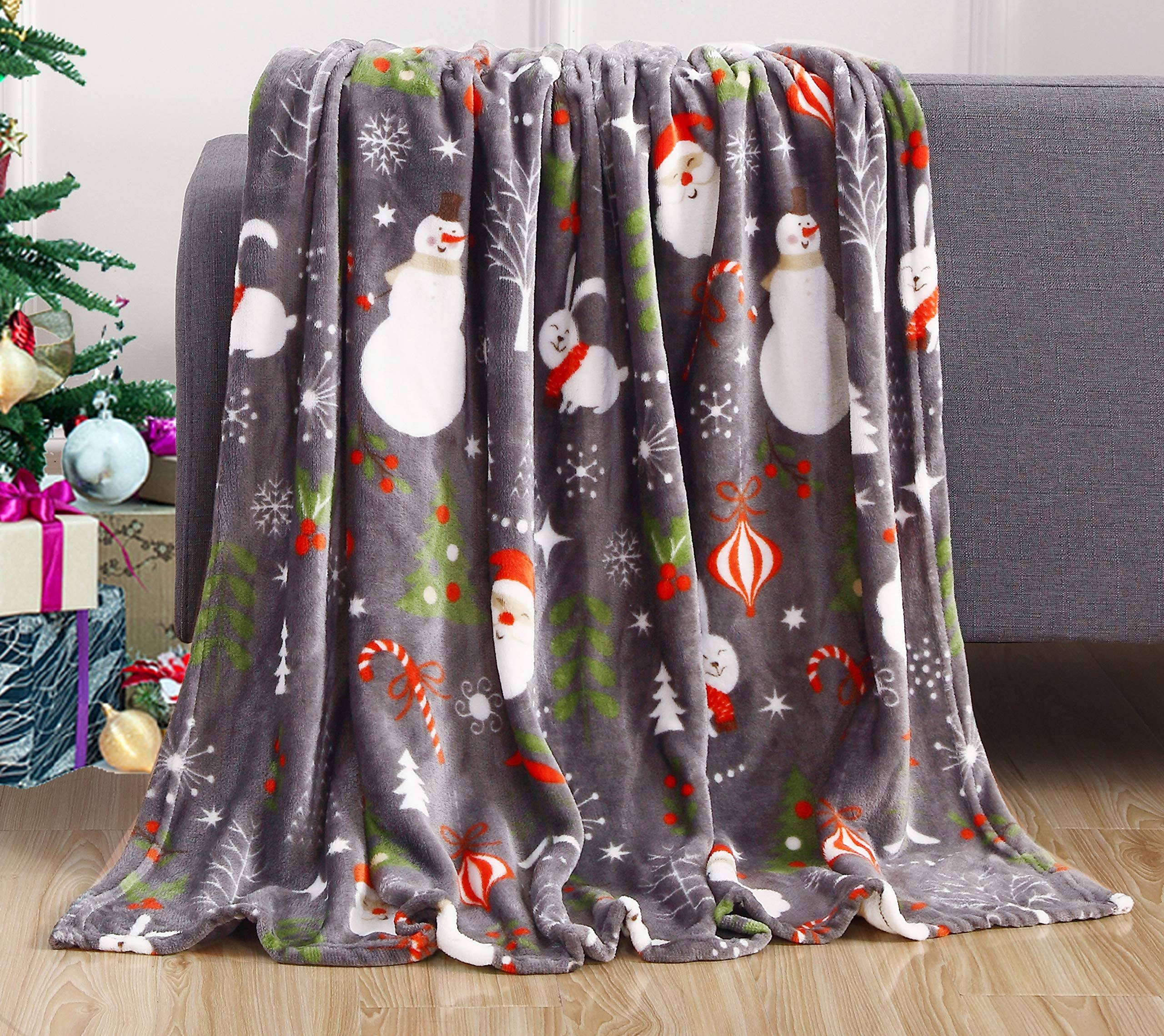 fb377f34eebf2db9b3840dbbb0cf8f88add7c31eb1605cc77a2447db461e95d9.jpg Elegant Comfort Velvet Touch Ultra Plush Christmas Holiday Printed Fleece Throw/Blanket-50 x 60inch, (Santa Snowman Gray) - Image 1