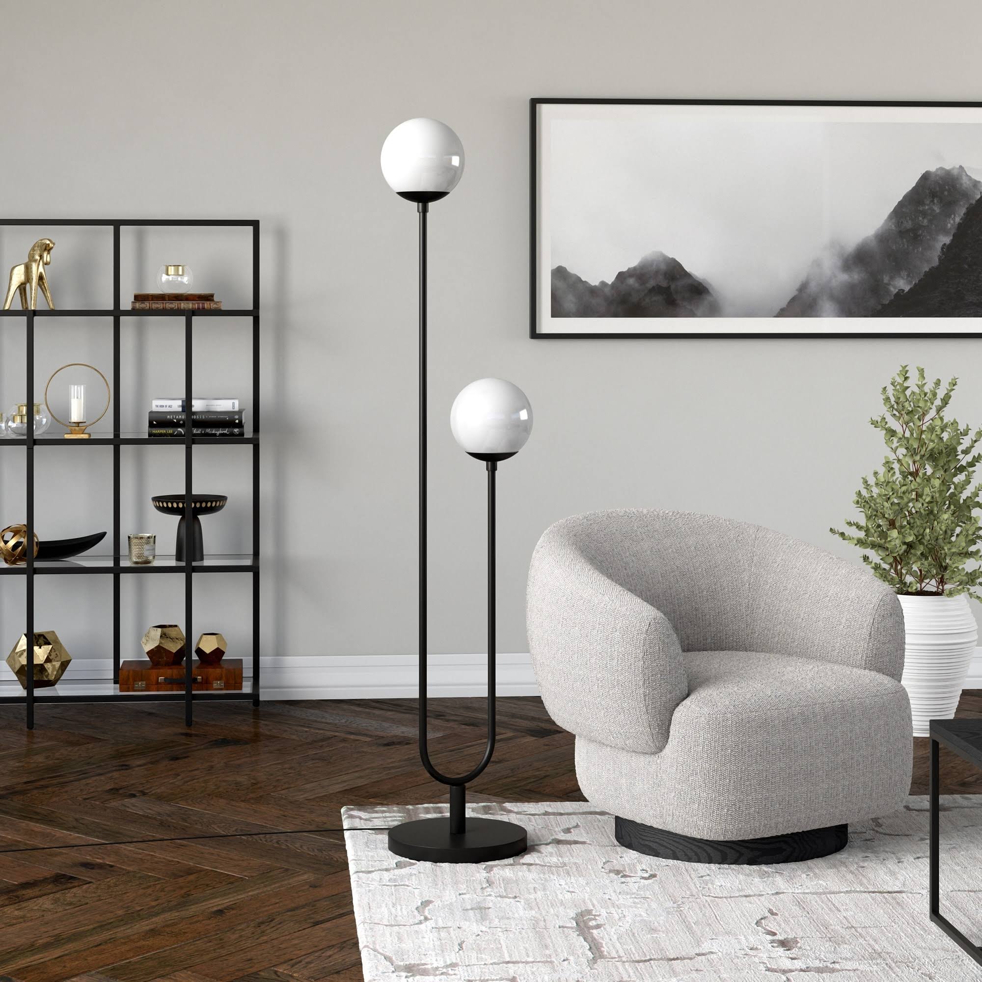 fb7c72223a160c61ff695746739f89869dc0f418ce7798a724484df11ba2fec8.jpg Hudson & Canal 2-Light Dufrene Floor Lamp with Glass Shades Blackened Bronze & White Milk - Image 1