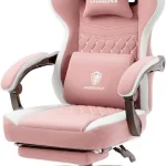 Dowinx Gaming Chair Breathable Fabric Computer Chair with Pocket Spring Cushion, Comfortable Office Chair with Gel Pad and Storage Bag, Massage Game Chair with Footrest, Pink