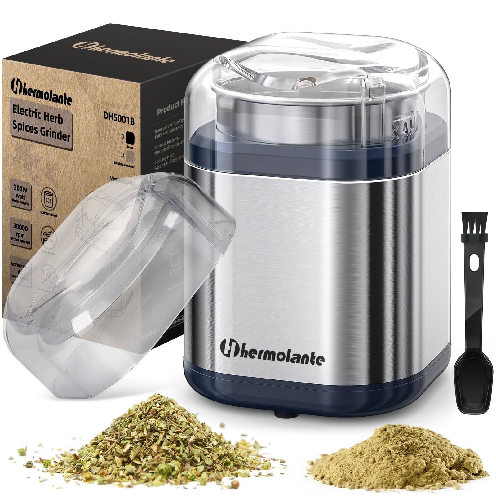 fbb9eac2ad4ede3c7f04d35e0cb79eae31f53e587465dcce358388e9e421fd20.jpg Hermolante Herb Grinder Spice Grinder 200 W Herb Grinder with Stainless Steel Blade and Cleaning Brush Compact Size Electric Grinder for Herbs and SPI - Image 1