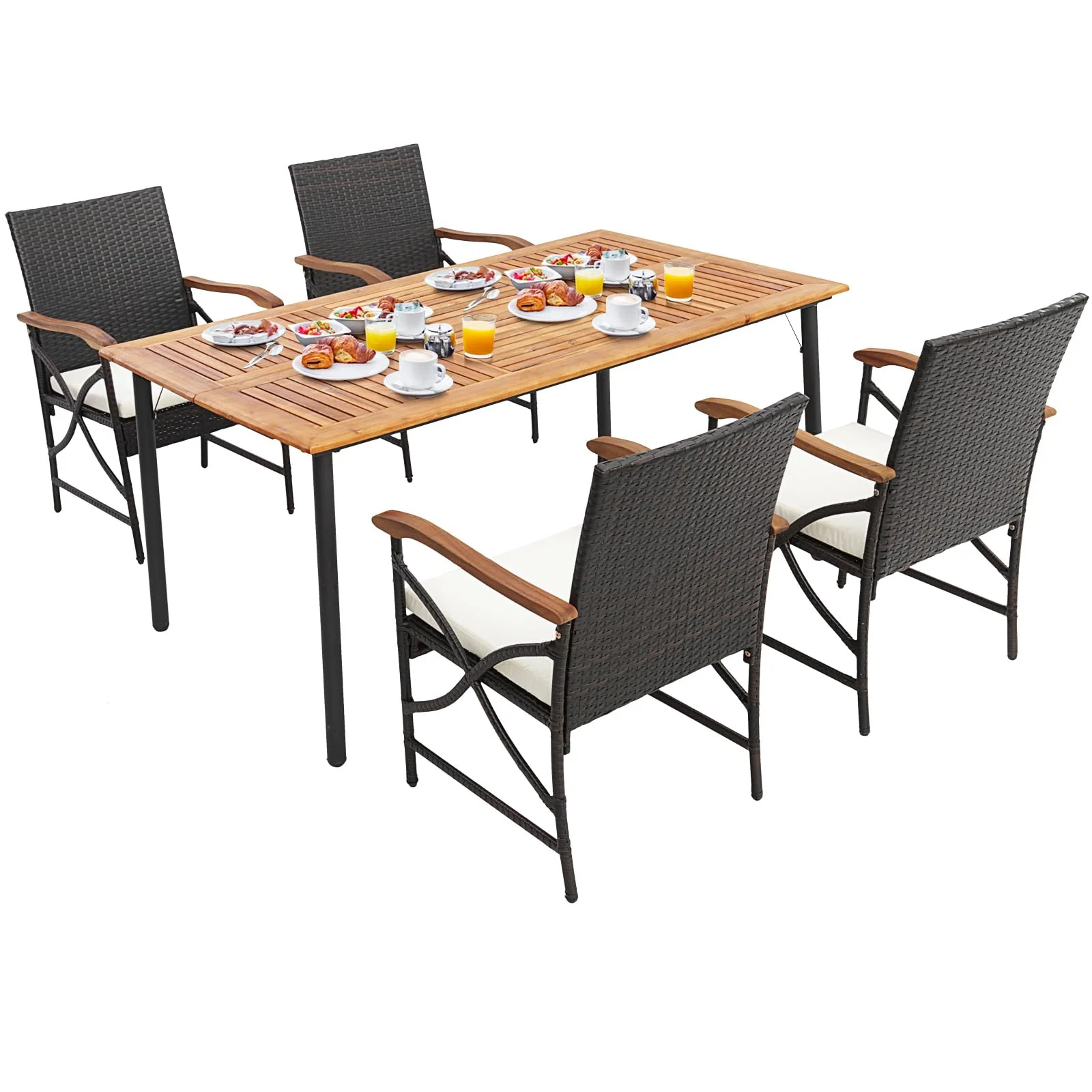 fbea779e276d01ab785c2b8b74e73e2aaf6c0b8fa9770dd38666e1a35f4dc4eb.webp Tangkula 5 Pieces Outdoor Dining Set with Acacia Wood Table & 4 Wicker Rattan Armrest Chairs - Image 1