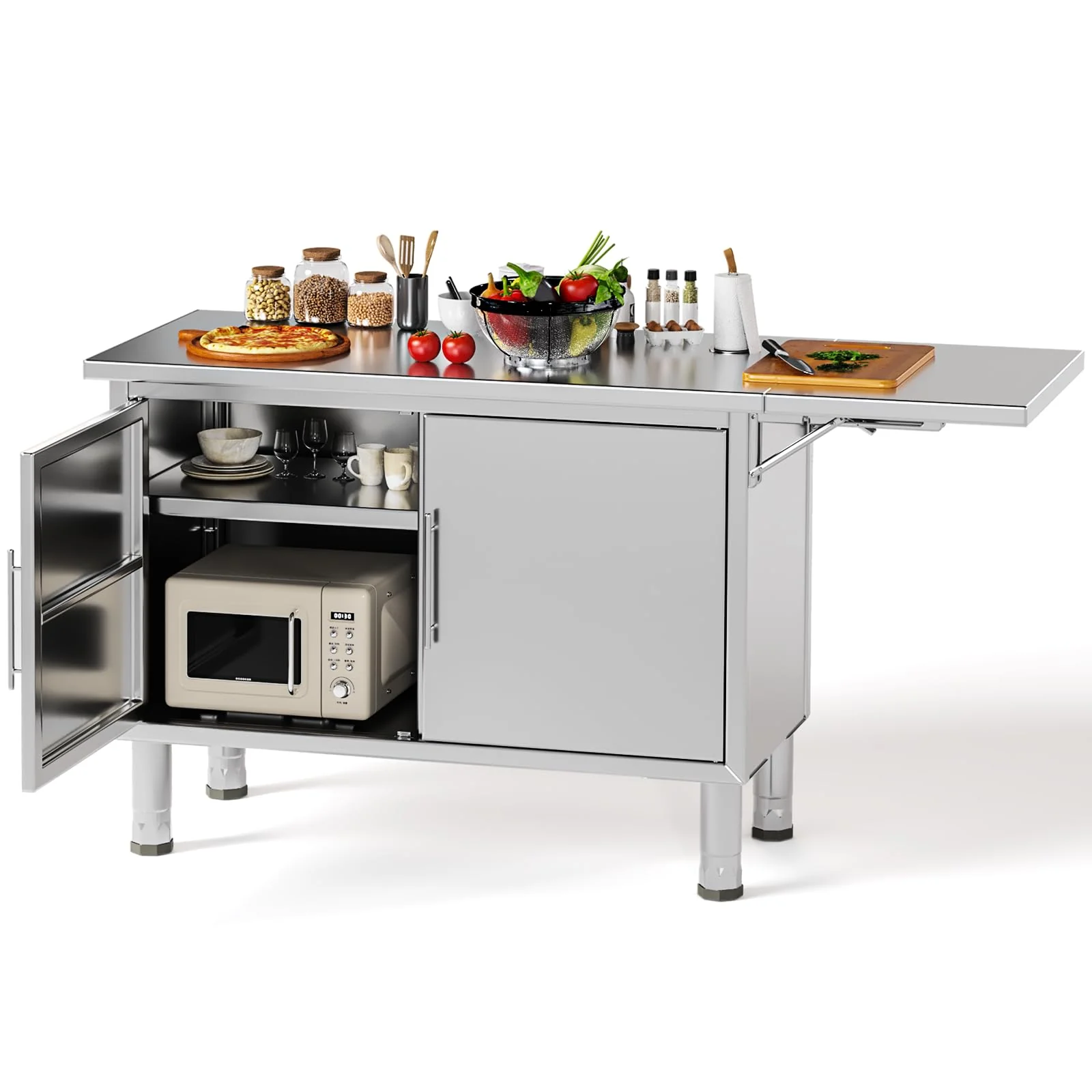 fc2aa296cae2eac3fbd0a09a436226c247fc78cd4b544372a56d26eebec89220.webp AECOJOY Stainless Steel Kitchen Cabinets, 57"x19.7" Commercial Worktable with Extend Panel & Adjustable Shelf - Image 1