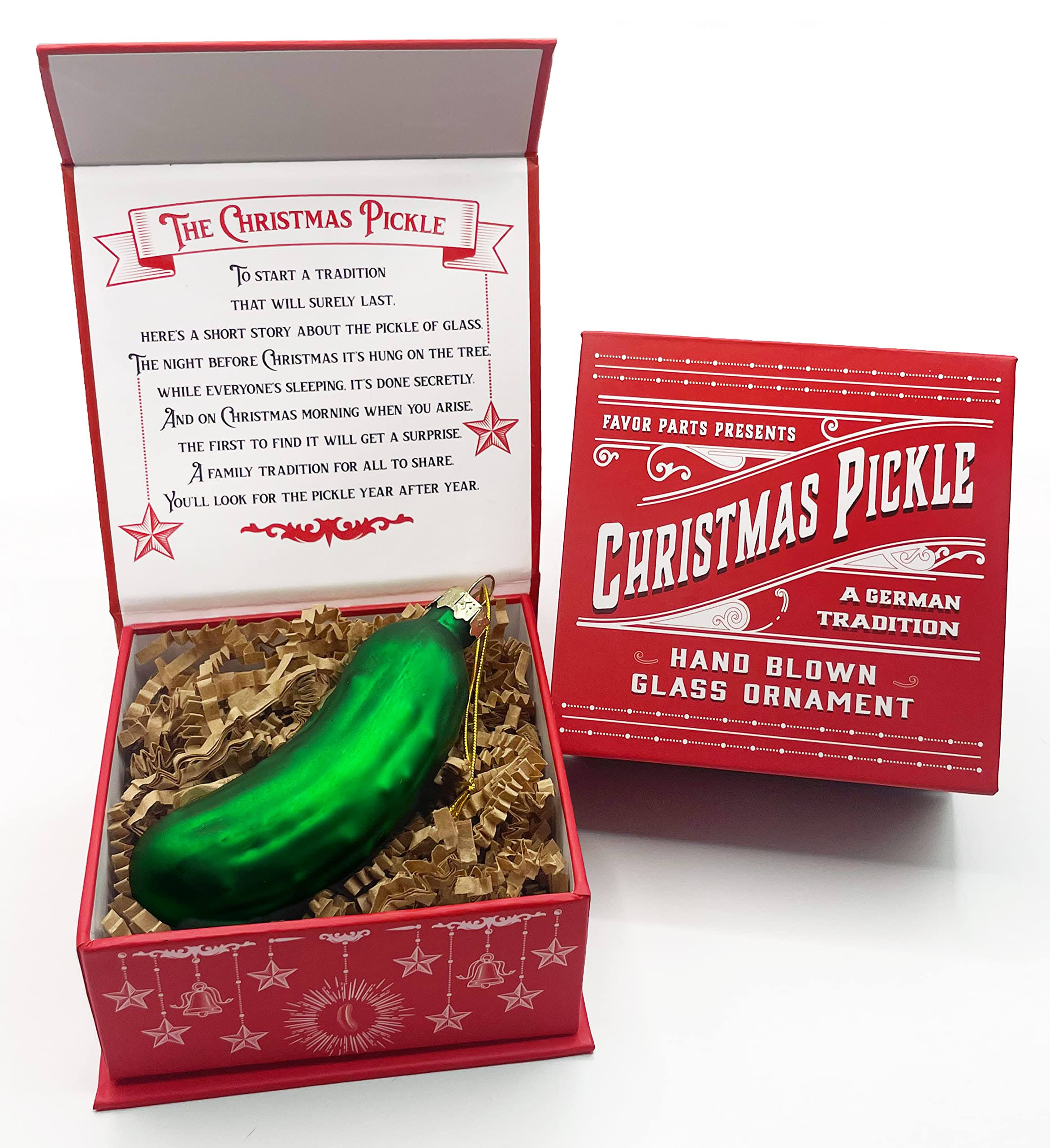 fc5a9886ad41e5b62fdaa3831086278543e2d6153d149e2b55fbc0cdf30511ba.jpg Favor Parts German Christmas Pickle Ornament Tradition Decor - Green Glass Tree Decoration - Gift Boxed with Story & Legend - Image 1