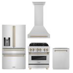 ZLINE 30" Autograph Edition Kitchen Package with Stainless Steel Dual Fuel Range, Range Hood, Dishwasher and Refrigeration with Champagne Bronze