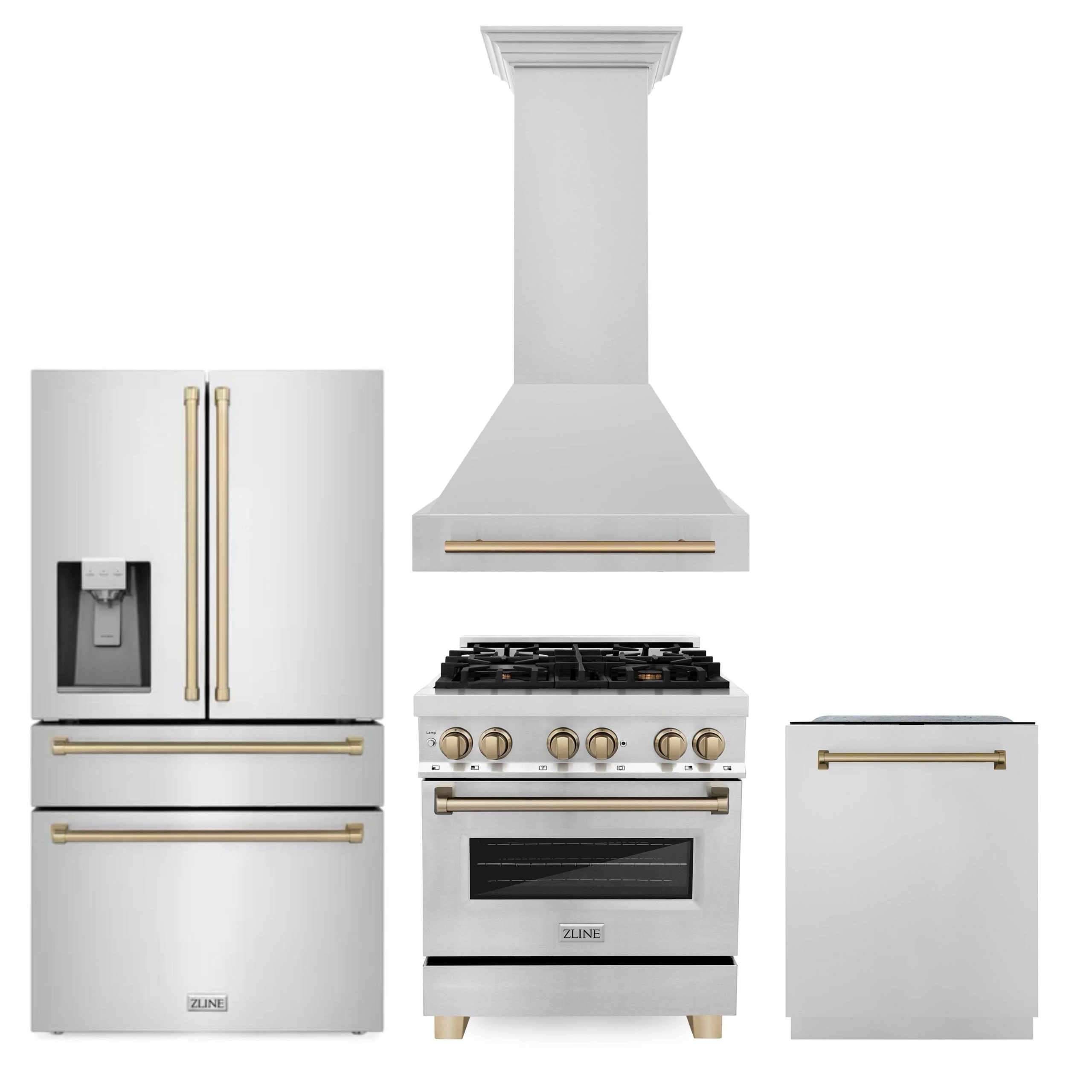 fc781992fccba1103728af18f839074ab5fb1396d5b4abb56a29ab58c9928724.jpg ZLINE 30" Autograph Edition Kitchen Package with Stainless Steel Dual Fuel Range, Range Hood, Dishwasher and Refrigeration with Champagne Bronze - Image 1