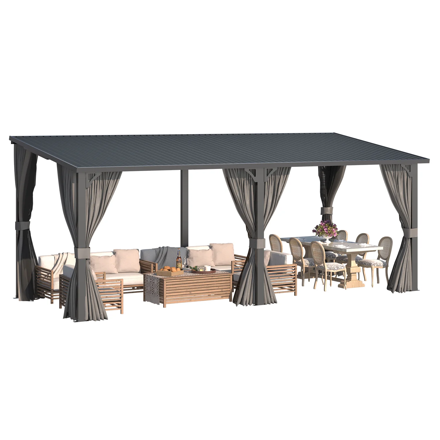 fcc0c47a298aa784a24284aba1ccb1ffc1c3426943d97b2d9c58354b8a122f78.webp AECOJOY 20'x8' Outdoor Hardtop Metal Gazebo with Curtain and Netting - Image 1