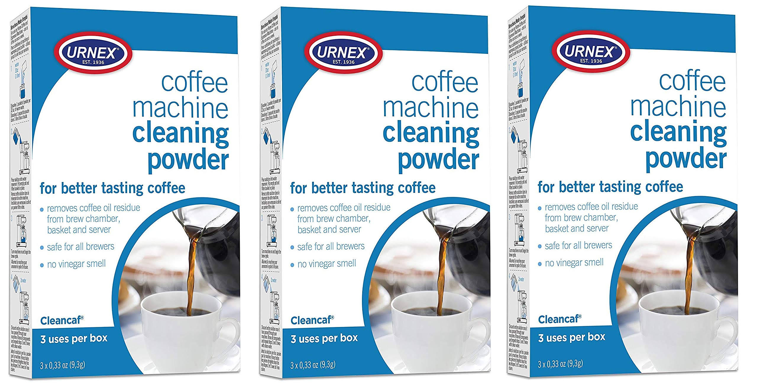 fd22928a5de929f3c52dacefb14adaf57becfa29dbec51087d3b00d12db93975.jpg Urnex Cleancaf Coffee Machine Cleaning Powder .33 oz 9 Packets - Image 1
