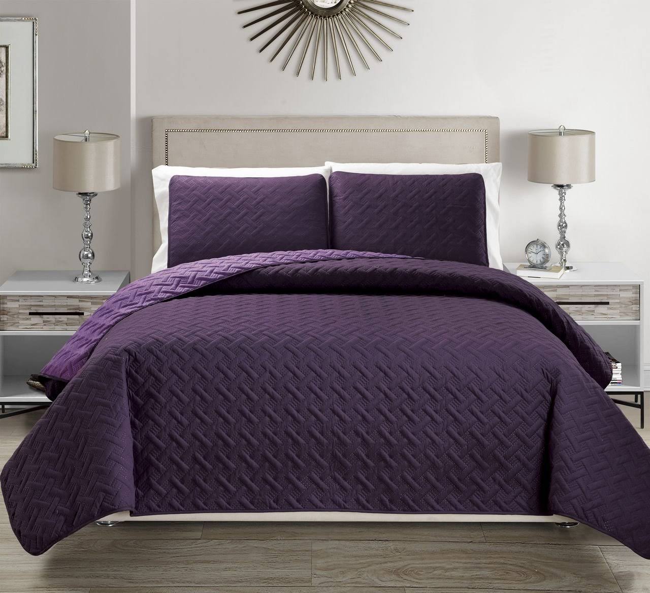 fd3afc998c71d331b24cf7ce584957e149eff07457c088e35fcbf86b7a4b08a2.jpg KingLinen Embossed Purple Reversible Bedspread/Quilt Set Twin - Image 1