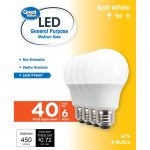 Great Value LED Light Bulb, 6W (40w Equivalent) A19 General Purpose Lamp E26 Medium Base, Non-Dimmable, Soft White, 4-Pack