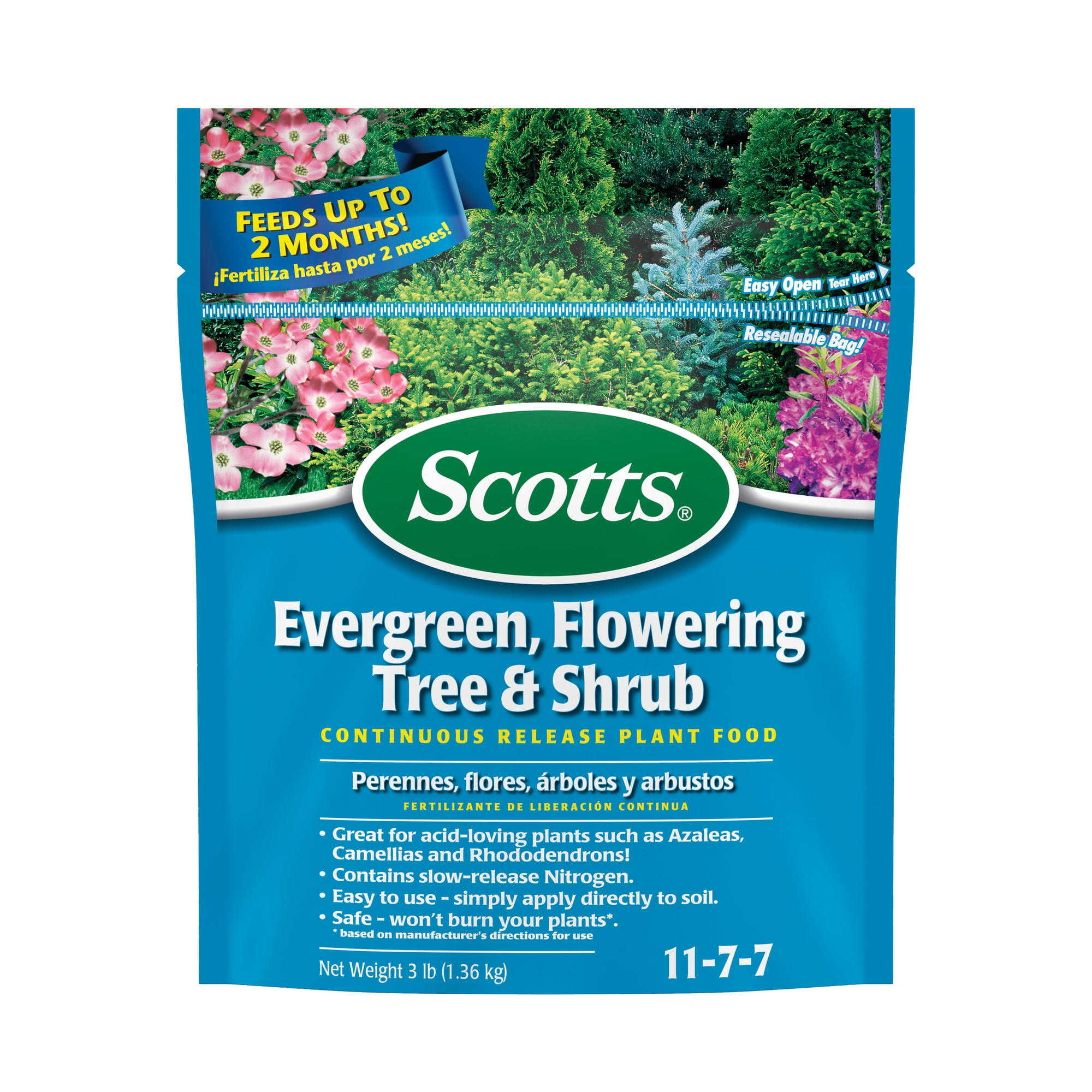 fd8e578394f0e065b896271744d77e10d259dc149243955344b182de72c5ca26.jpg Scotts Slow Release Plant Food, Evergreen, Flowering Tree & Shrub - 3 lb - Image 1