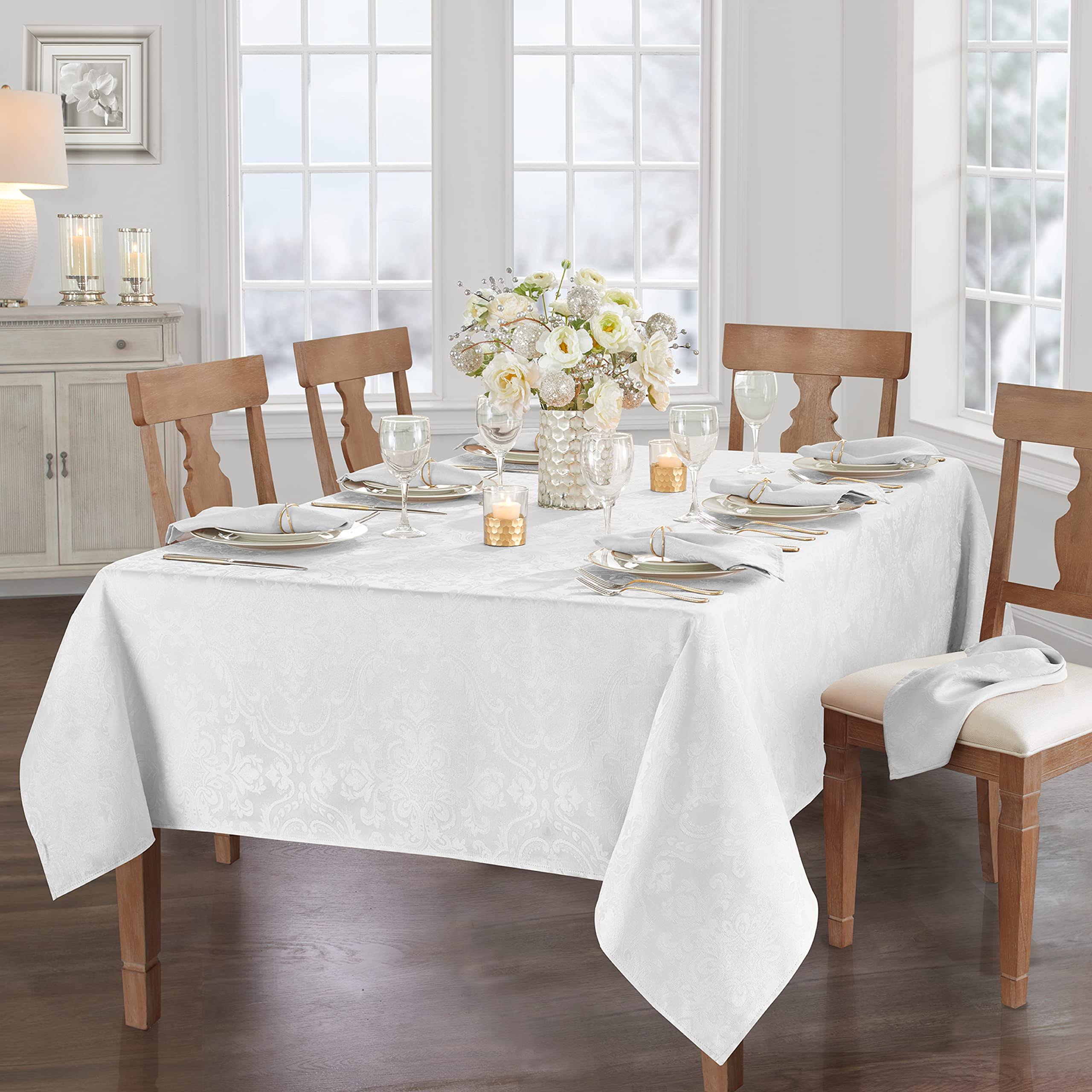 fd8fcd4b2aee75381ef8a0692664c35844acac2109b9f51e84adbaf2a0b5f940.jpg Elrene Caiden Elegance Damask Tablecloth - 60" x 84" Oblong - White - Image 1