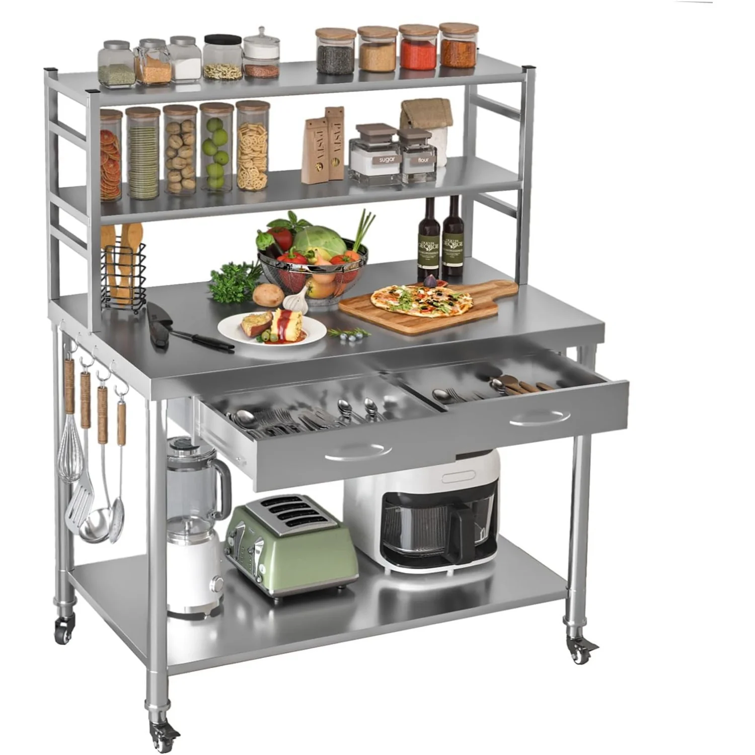 fdb46cd55b311b731ed641c9d0c17d5e455fc1126e44262e1d228420bcea735c.webp AECOJOY Stainless Steel Table with Shelves and Drawer 48"x24" Prep Table for Commercial Kitchen - Image 1