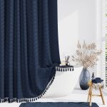 Dynamene Boho Farmhouse Shower Curtain, Navy Blue Fabric Tufted Chevron Striped Textured Tassel Shower Curtains for Bathroom, Water Repellent,