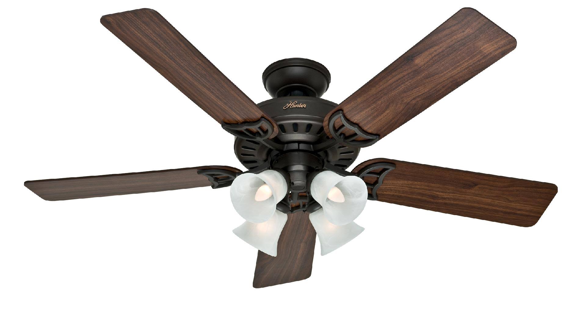 fded34bbc6b03767e774bf77e10fe51670d6bade8d47cc4dc48493b42136c615.jpg Hunter Studio Series 52" Ceiling Fan with 4-Light Kit - New Bronze - Walnut/Cherry Blades - Image 1