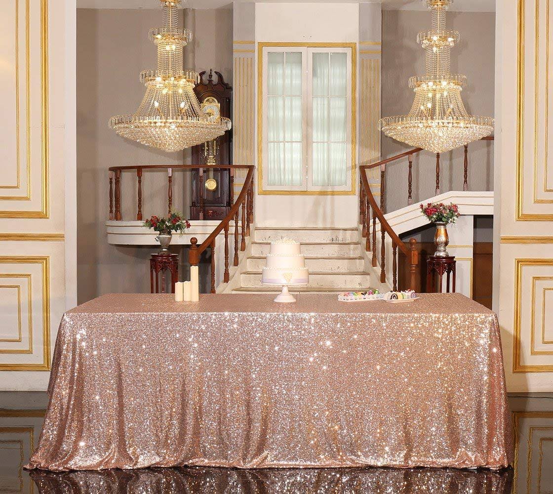 fe2b58ce833a6c5b963e79af44b6236425ffea1427c3afd8d2e04ce0666df517.jpg PartyDelight Sequin Tablecloth, Rectangular, 50"x80", Rose Gold - Image 1
