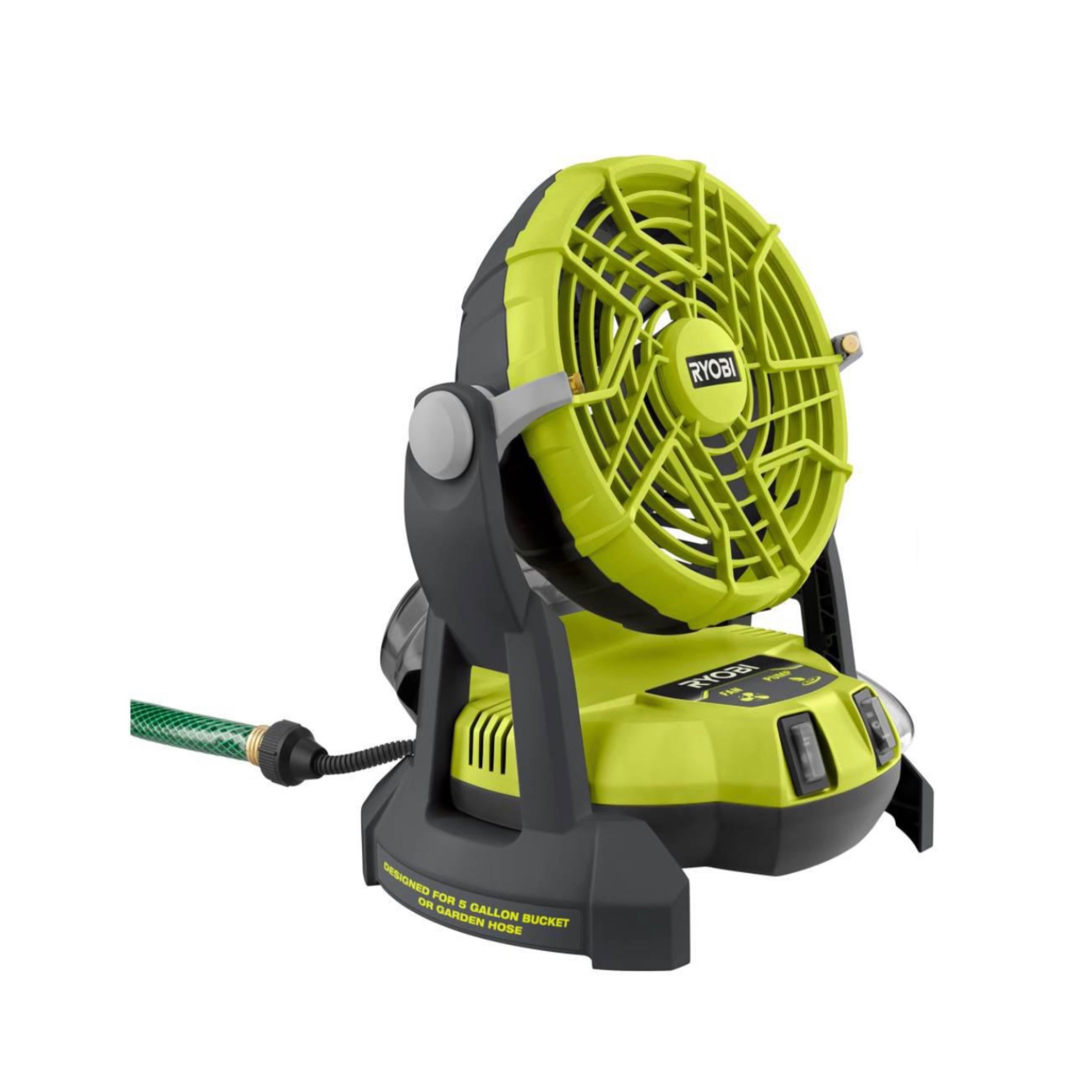 fe3b95a4ba3b9cb208883620da01c5123ef48cff26dc9583990b3b088406653e.jpg Ryobi 18-Volt One+ Bucket Top Misting Fan Kit - Image 1