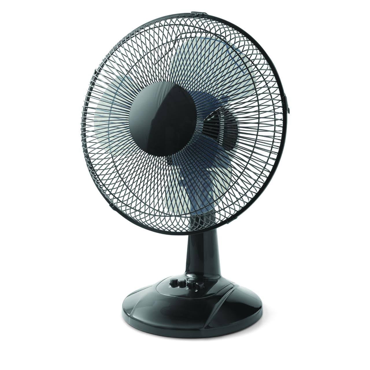 fe41545dec4f79aab32284ecdba49b2f0484c712ace97594b303577f96ddfda5.jpg Mainstays 12-Inch 3-Speed Oscillating Table Fan, Black - Image 1