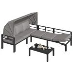 AECOJOY Patio Furniture Set with Retractable Canopy&2 Adjustable Backrests, Outdoor Conversation Set, Grey