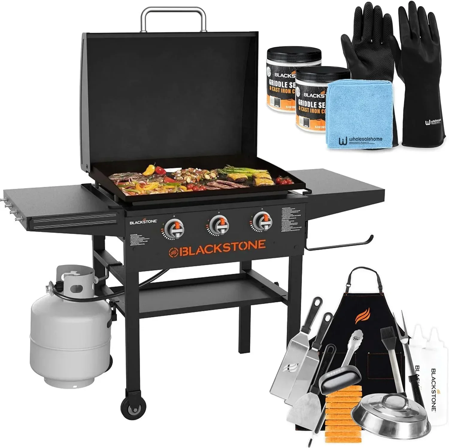 fe8fc5a72c5611a22db4da8cc087f406f039d5f76c7b232ebd668a69f3114b2f.webp 28 Inch Blackstone Griddle 2080 with Hood XL Griddle Original 3-Burner Outdoor Flat Top Grill. with Blackstone Griddle Accessories. Seasoning. and Wholesalehome Gloves and Cloth - Image 1
