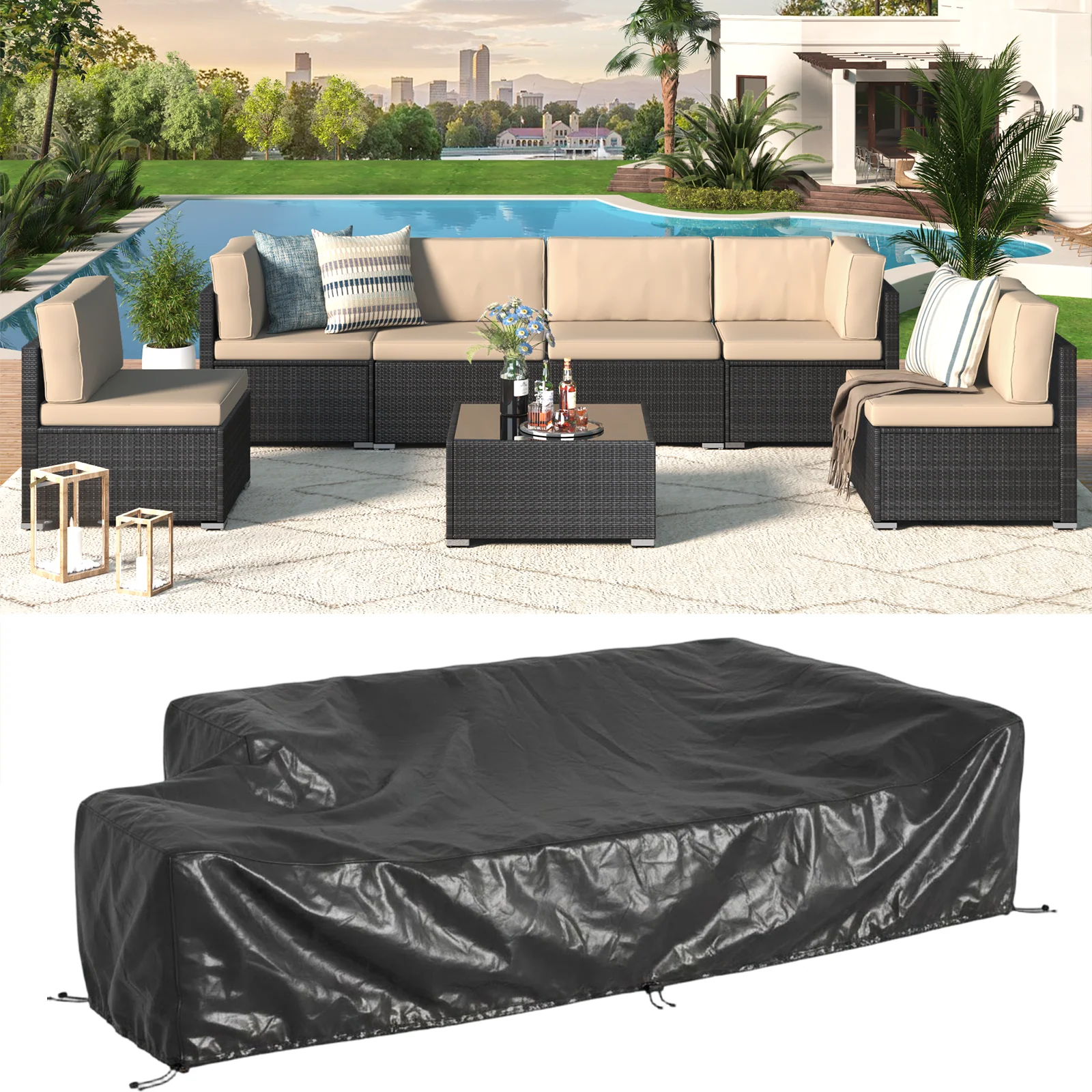 fea7665a4470dfff60bc2940d93b8c81a41cce044ec7ca16ea804864fcd01e23.webp AECOJOY 7 Piece Outdoor Patio Furniture Set with Waterproof Cover, Black & Beige - Image 1