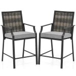 Outdoor Metal Bar Stools Set of 2 with Rattan Back, Armrest, Fabric Seat & Cushions, Counter Height Patio Bar Chairs for Poolside, Porch, Backyard