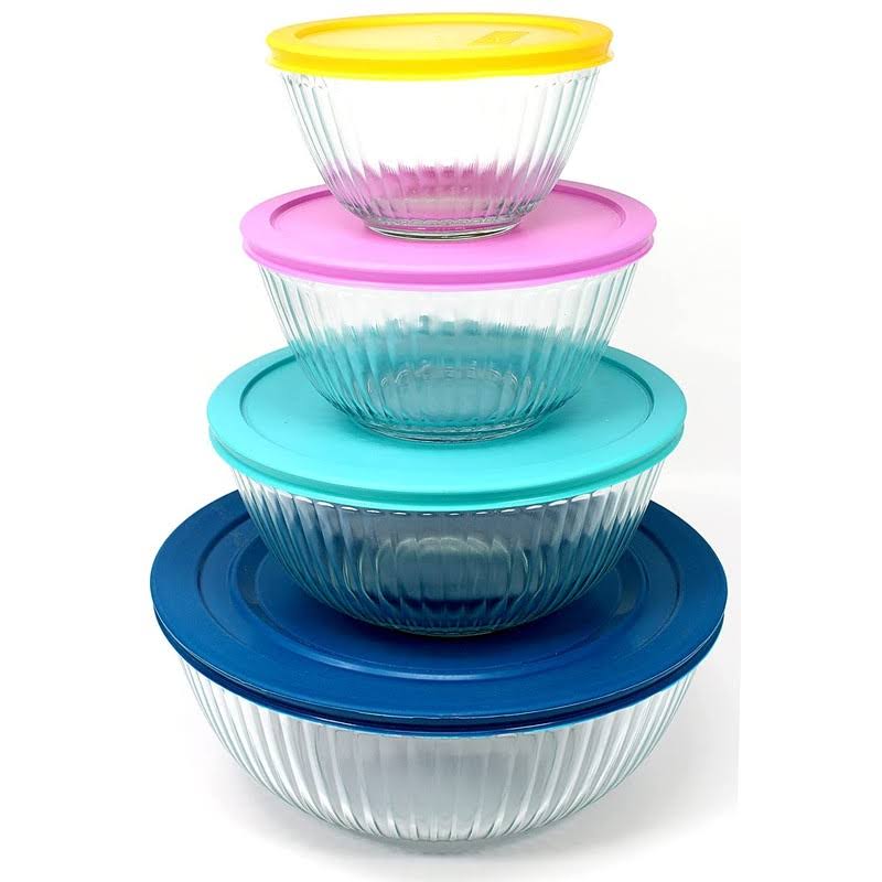 ff118d28b8fd71df900ae4d4646b4117a634ccf7cca10f08b010ab09c41d0af2.jpg Pyrex 8-Piece 100 Years Glass Mixing Bowl Set Limited Edition - Image 1