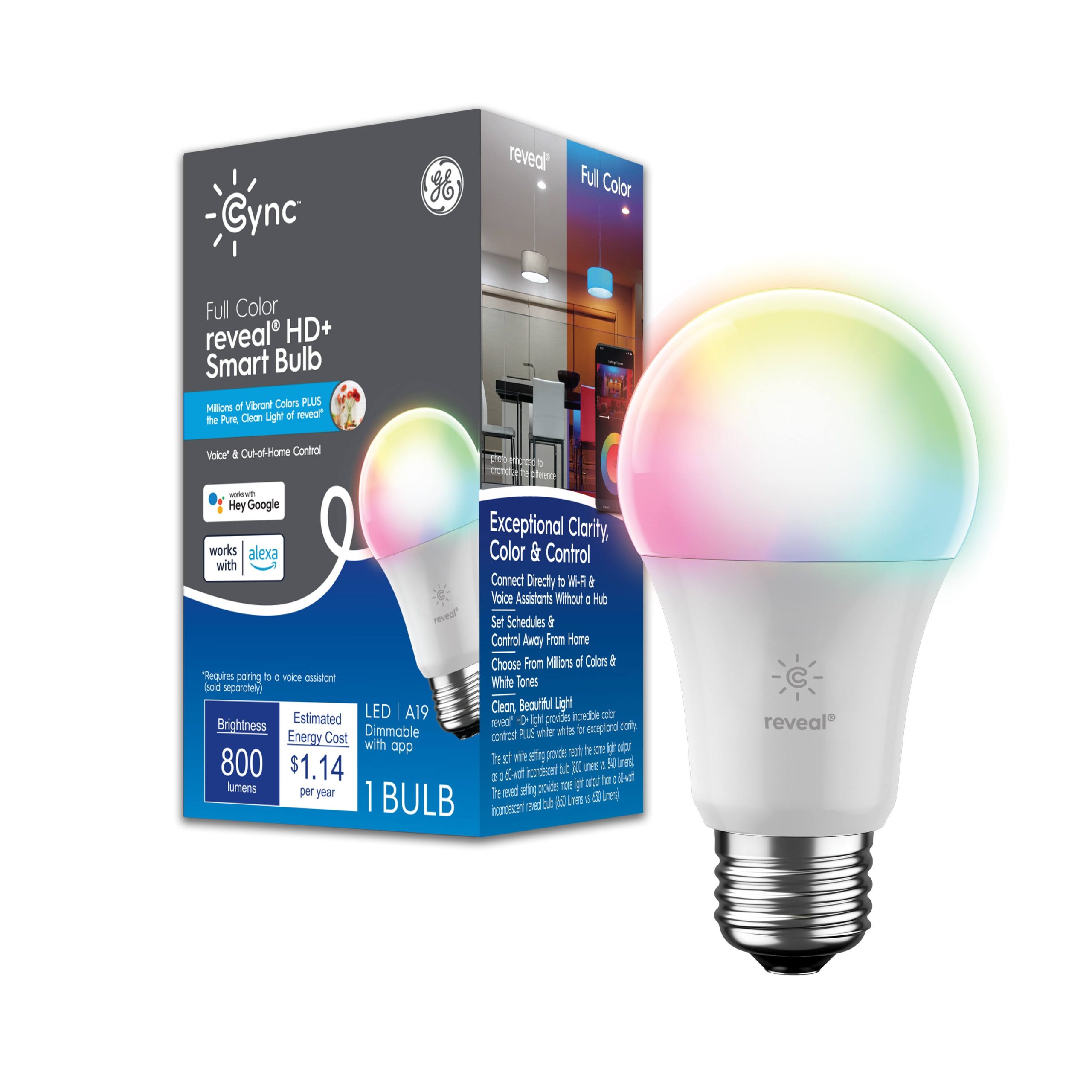 ffd8d5006a946c7f7b3a2e9627b36da8ce256c8dd12ee22f6fa7d4738c716bff.jpg GE Reveal 60-Watt EQ A19 Full Color Smart Bulb - Image 1