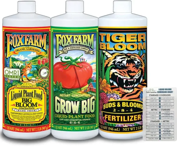 FoxFarm Liquid Nutrient Trio Soil Formula: Big Bloom, Grow Big, Tiger Bloom (Pack of 3-32 oz bottles) + Twin Canaries Chart