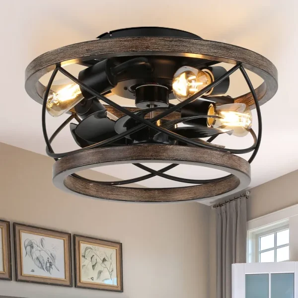 Oaks Aura Farmhouse 5-Light Cage Rustic Wood Chandelier, Adjustable Industrial Pendant Ceiling Light for Kitchen Dining Room