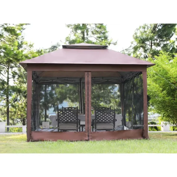 PayLessHere 10'x10' Pop Up Gazebo Outdoor Canopy with Mosquito Netting Double Roof Tops ,Brown
