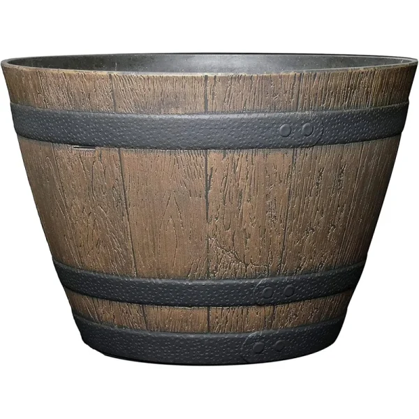 Classic Home and Garden Whiskey Resin Flower Pot Barrel Planter, Walnut Brown, 15 inch