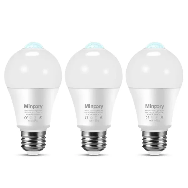 Minpory Motion Sensor Light Bulbs, 13W(100W Equivalent) Motion Detector Auto Activated Dusk to Dawn Security LED Bulb, A19 E26 5000K Daylight Outdoor/Indoor