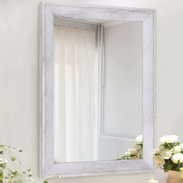 AAZZKANG Mirrors for Wall Rustic Wood Framed Mirror Decorative Farmhouse Bedroom Bathroom Hanging Mirror Wall Decor Rectangle White