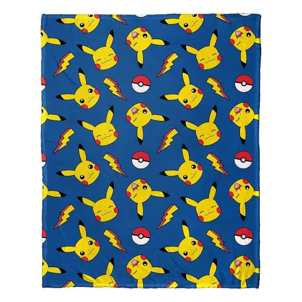 Pokemon Pikachu Pokeball Lightning Bolt Print Super Plush Throw Blanket, Size: 46, Blue