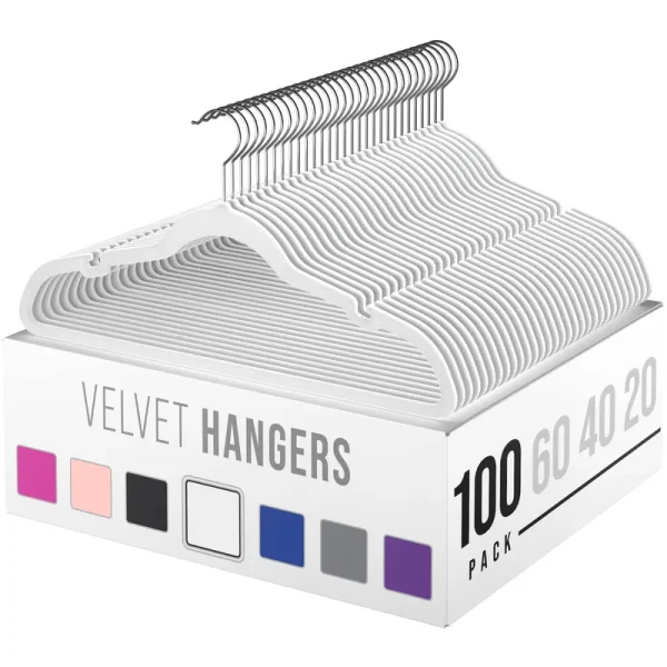 NEATERIZE Velvet Hangers 100 Pack White - Heavy Duty Velvet Clothes Hangers - Non Slip Felt Coat and Suit Hangers for Closet - Lightweight