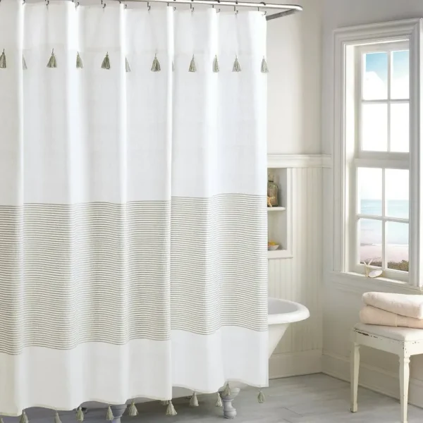 Campanella 100% Cotton Striped Single Shower Curtain Color: Taupe