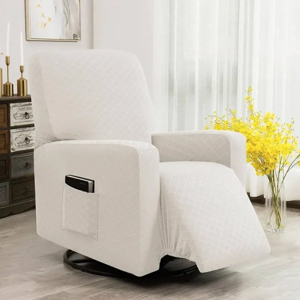 Enova Home Ultra Soft Rhombus Stretch Fabric Recliner Slipcover with Elastic Bottom Side Pocket - Ivory