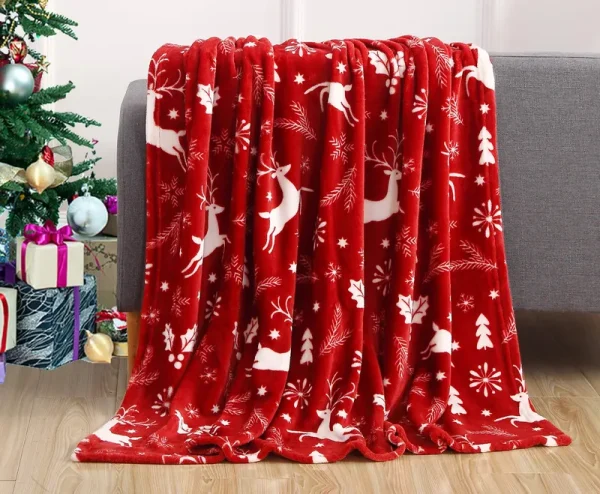 Elegant Comfort Luxury Velvet Super Soft Christmas Prints Fleece Blanket-Holiday Theme Home D��cor Fuzzy Warm and Cozy Throws for, Burgundy