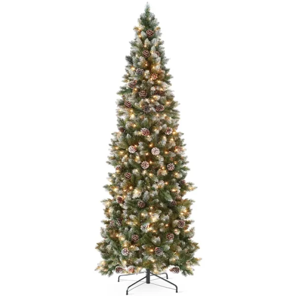 Best Choice Products 7.5ft Pre-Lit Partially Flocked Pencil Christmas Tree w/ 350 Lights, Pine Cones, Foldable Stand