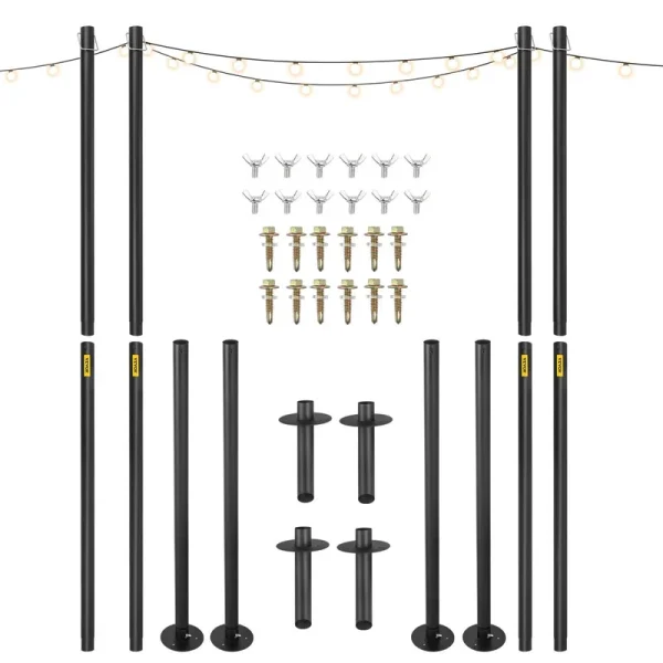 VEVOR String Light Poles, 4 Pack 10.6 ft, Outdoor Powder Coated Steel Lamp Post with Hooks to Hang Lantern and Flags, Universal Mounting Options to de