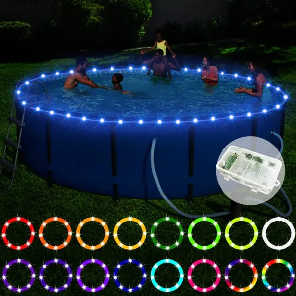 Eliteemo LED Pool Lights for Above Ground Pools, 15ft Remote Control Submersible Rim Lights, C Battery Box, 16 Color Change by Yourself, Waterproof,