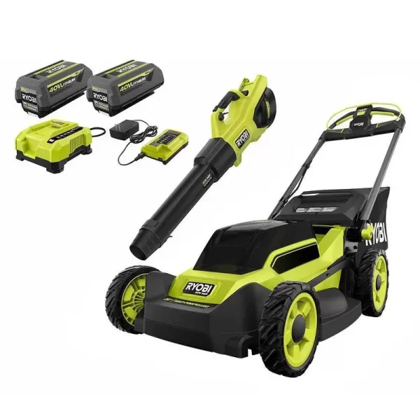 Ryobi RY401180-2X 40V HP Brushless 20 in. Cordless Electric Battery Walk Behind Self-Propelled Mower w/Blower (2) Batteries/Chargers