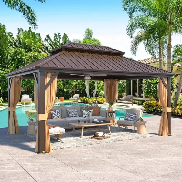 Outdoor Hardtop Gazebo with Galvanized Steel Double Roof & Aluminum Frame, Outdoor Pergola with Premium Curtains and Nettings - 12'x16'