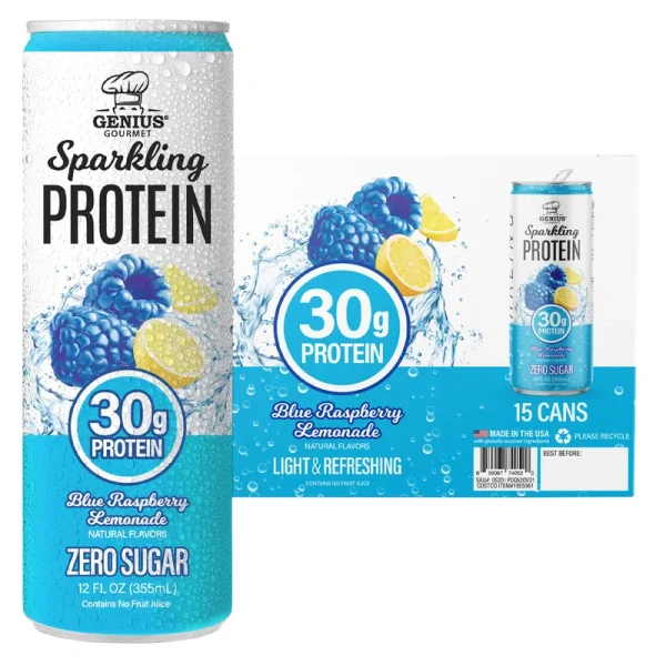 Genius Gourmet Sparkling Clear 30g Protein, Blue Raspberry Lemonade, 12 Fl Oz, 15 - Pack