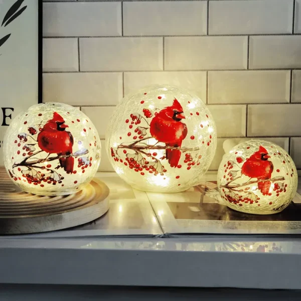 Kaowod Red Cardinal Accent Lamp - Crackle Glass Globe with LED Light, Stained Glass Bird Decor for Christmas, Desk or Table