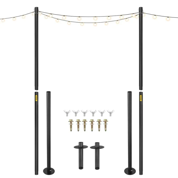 VEVOR String Light Poles, 2 Pack 10.6 ft, Outdoor Powder Coated Steel Lamp Post with Hooks to Hang Lantern and Flags, Universa