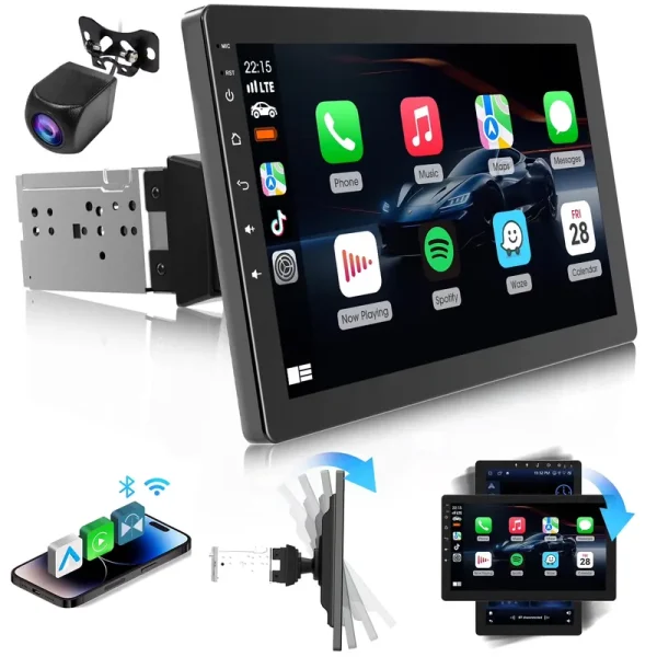 Haudio 10.1" Rotatable Touch Screen Car Stereo Single Din, Wireless Carplay/Android Auto Car Video, 2GB+32GB, GPS Navigation, Hi - Fi Sound Car Audio, BT 4.2, Backup Camera(Vertical Fit)