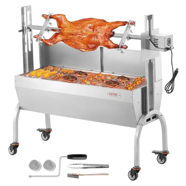 VEVOR Rotisserie Grill with Windscreen, BBQ Whole Pig Lamb Goat Charcoal Spit Grill, 46 in 132 lb Capacity, Electric 52W Motor Stainless Steel Roaster with Lockable Wheels, for Camping Outdoor